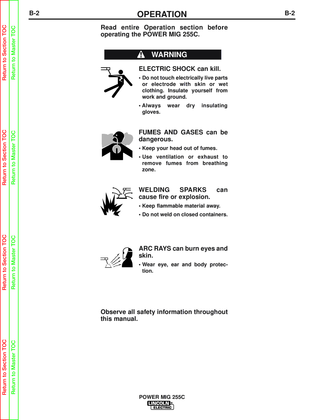 Lincoln Electric SVM170-A service manual OPERATIONB-2, Wear eye, ear and body protec- tion 