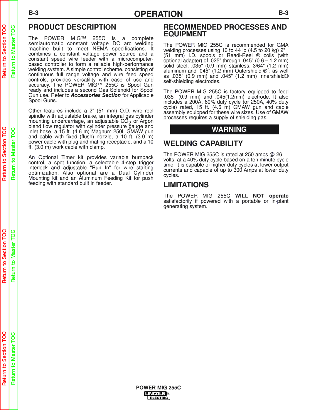 Lincoln Electric SVM170-A Product Description, Recommended Processes and Equipment, Welding Capability, Limitations 