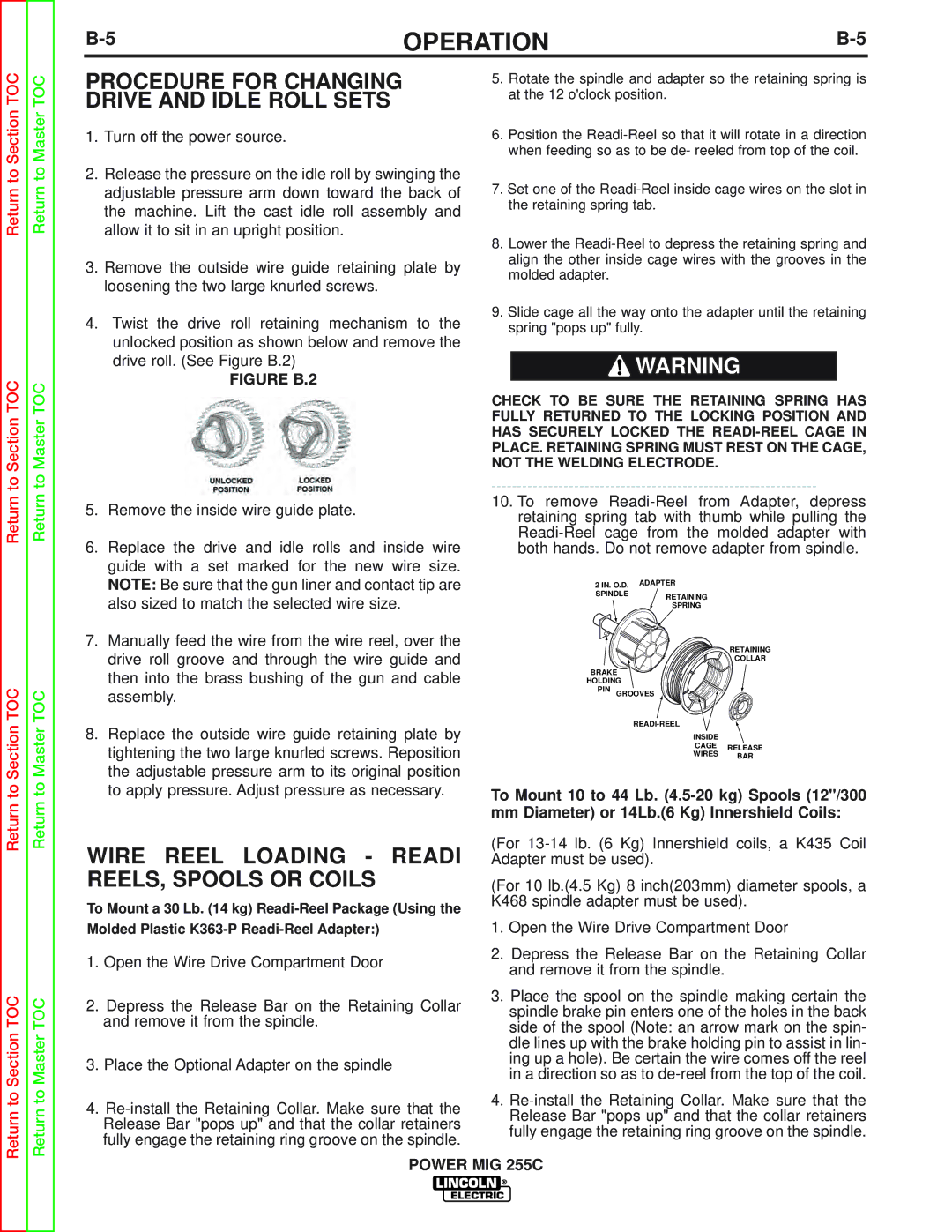 Lincoln Electric SVM170-A Procedure for Changing, Drive and Idle Roll Sets, Wire Reel Loading Readi REELS, Spools or Coils 