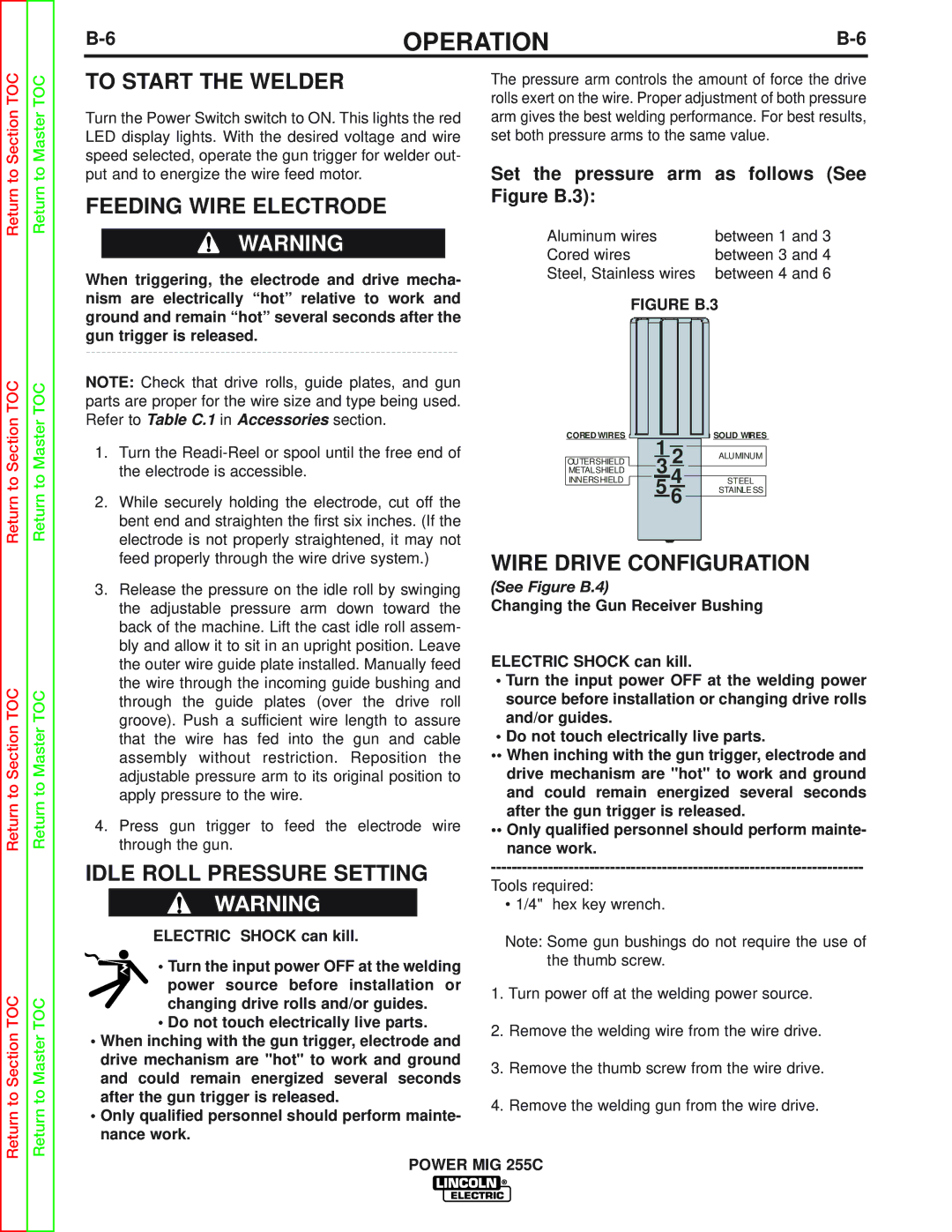 Lincoln Electric SVM170-A service manual To Start the Welder, Feeding Wire Electrode, Idle Roll Pressure Setting 