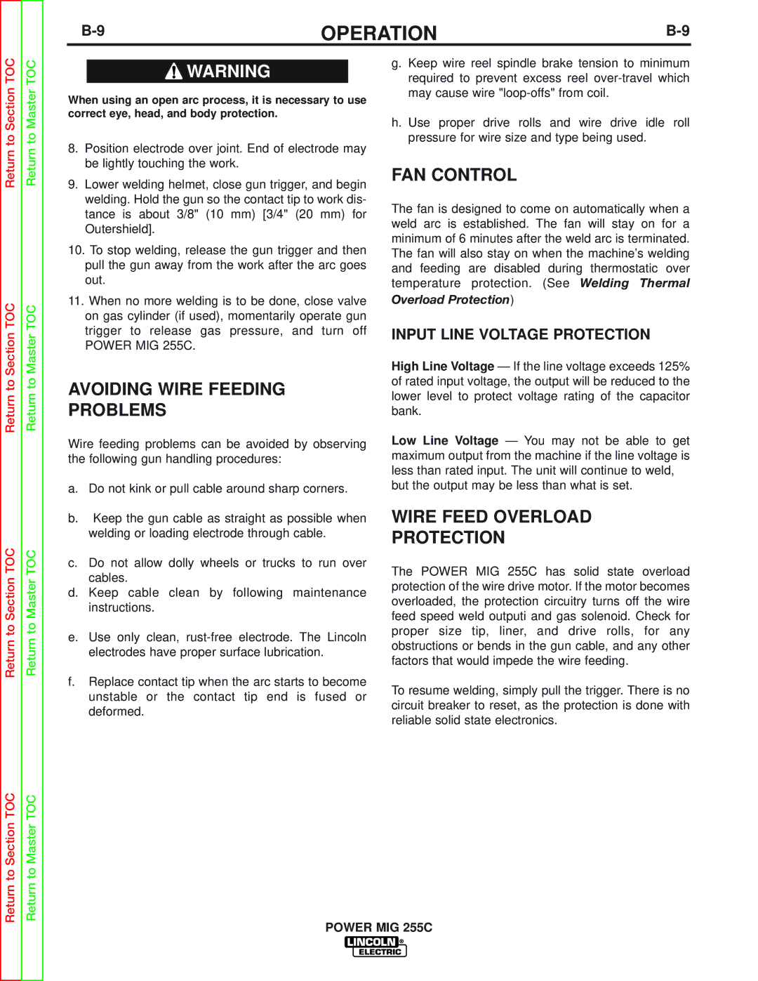 Lincoln Electric SVM170-A service manual Avoiding Wire Feeding Problems, FAN Control, Wire Feed Overload Protection 