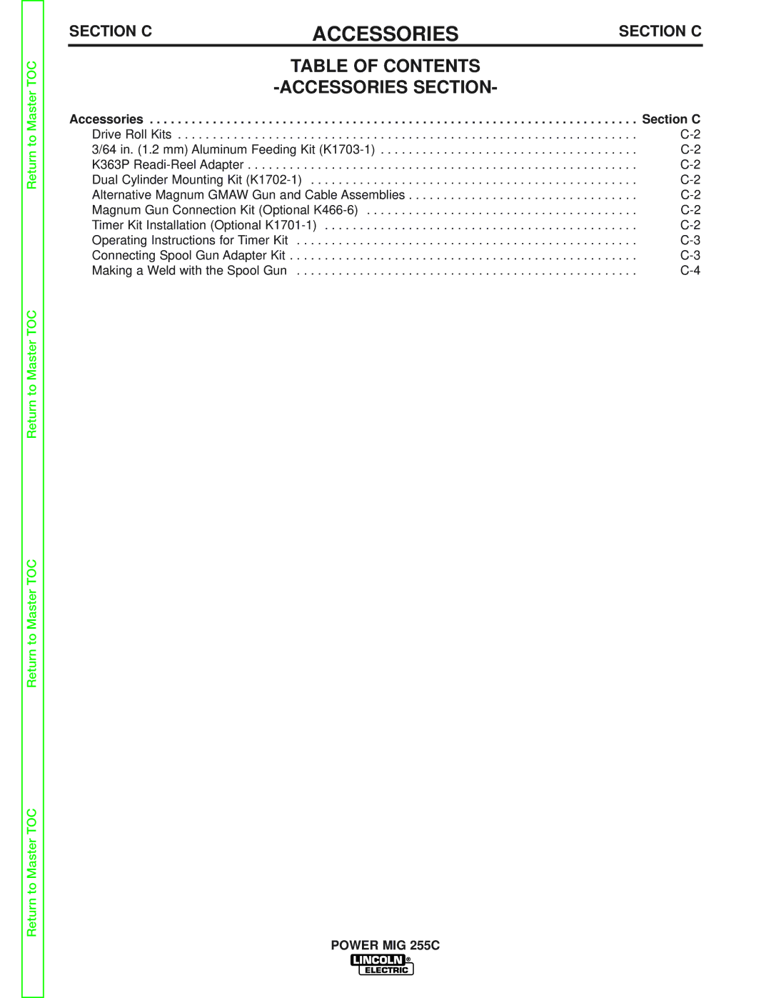 Lincoln Electric SVM170-A service manual Table of Contents Accessories Section 