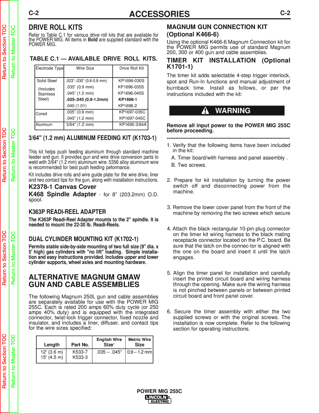 Lincoln Electric SVM170-A service manual Drive Roll Kits, Magnum GUN Connection KIT, K363P READI-REEL Adapter 