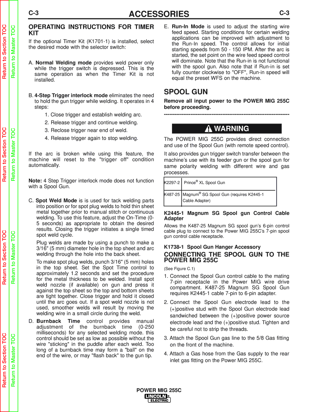 Lincoln Electric SVM170-A Operating Instructions for Timer KIT, Connecting the Spool GUN to the Power MIG 255C 