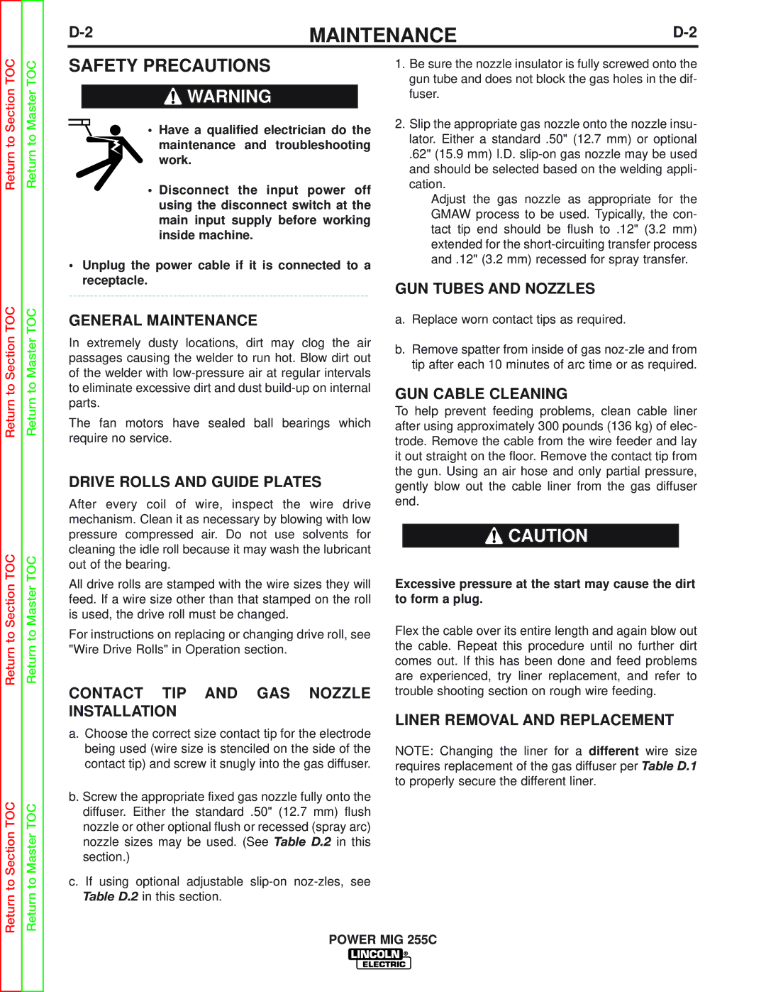 Lincoln Electric SVM170-A GUN Tubes and Nozzles General Maintenance, GUN Cable Cleaning, Drive Rolls and Guide Plates 