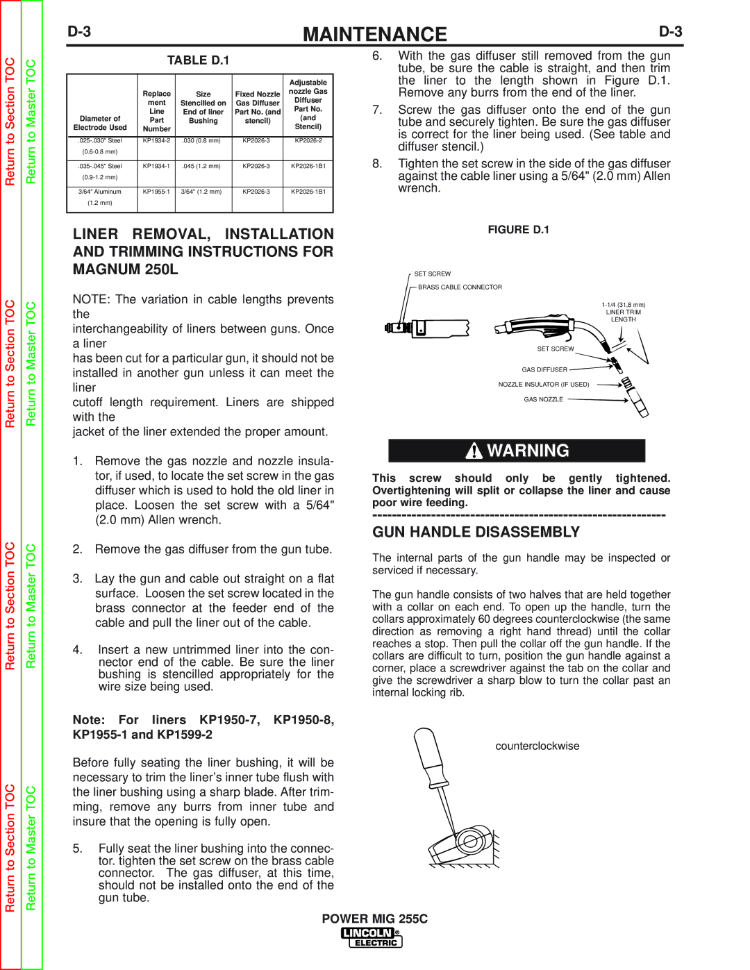 Lincoln Electric SVM170-A service manual GUN Handle Disassembly, Table D.1 