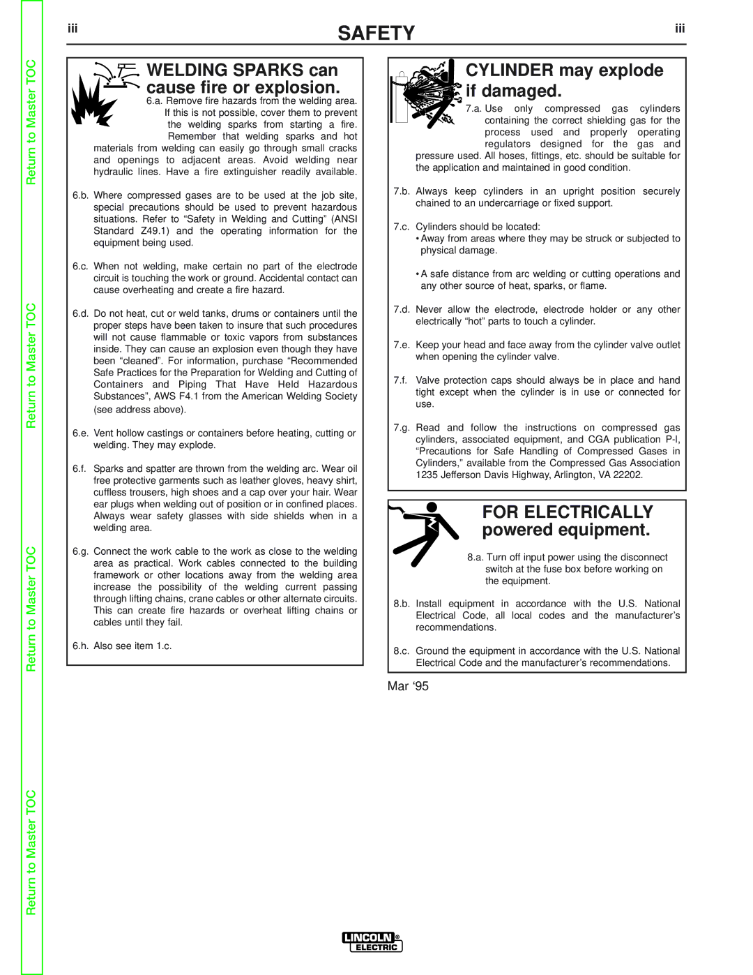 Lincoln Electric SVM170-A service manual Welding Sparks can cause fire or explosion, Iii 