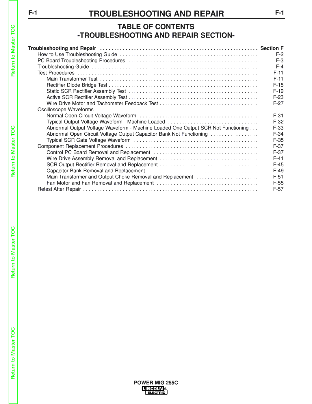 Lincoln Electric SVM170-A service manual Table of Contents Troubleshooting and Repair Section 