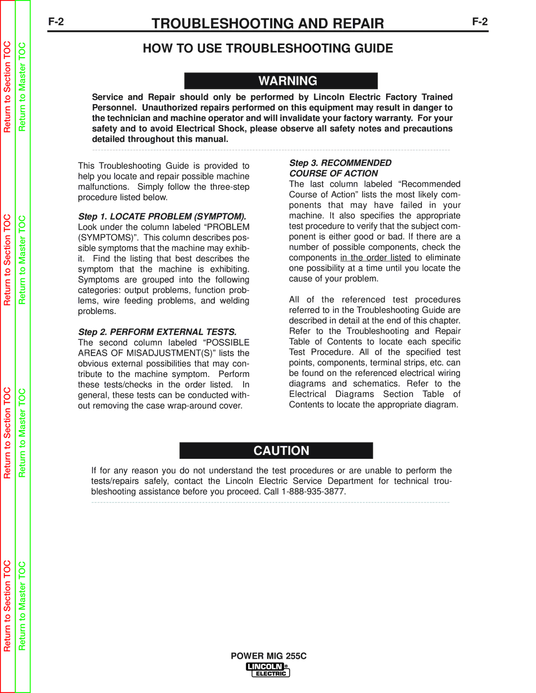 Lincoln Electric SVM170-A service manual 2TROUBLESHOOTING and REPAIRF-2, HOW to USE Troubleshooting Guide 