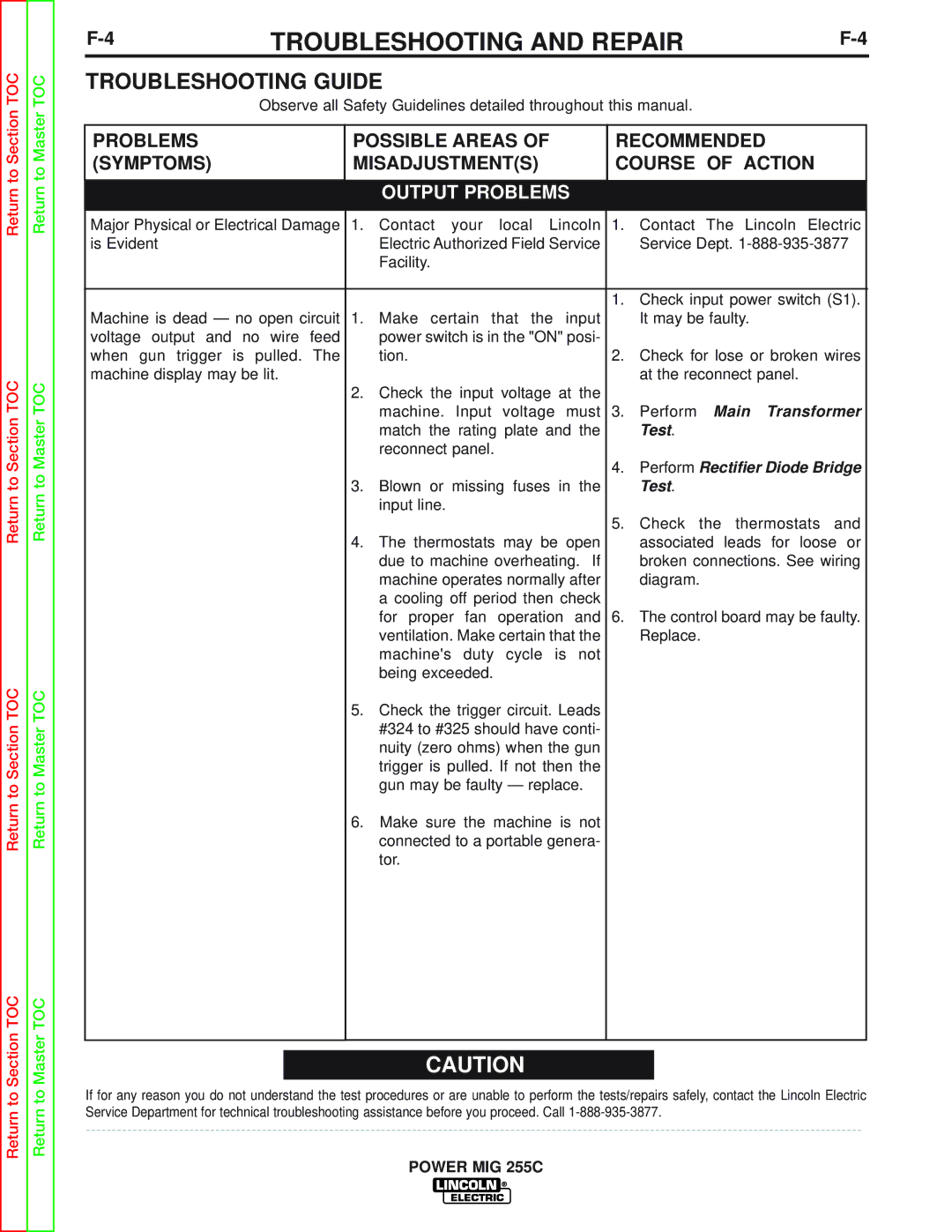 Lincoln Electric SVM170-A service manual Troubleshooting Guide, Output Problems 