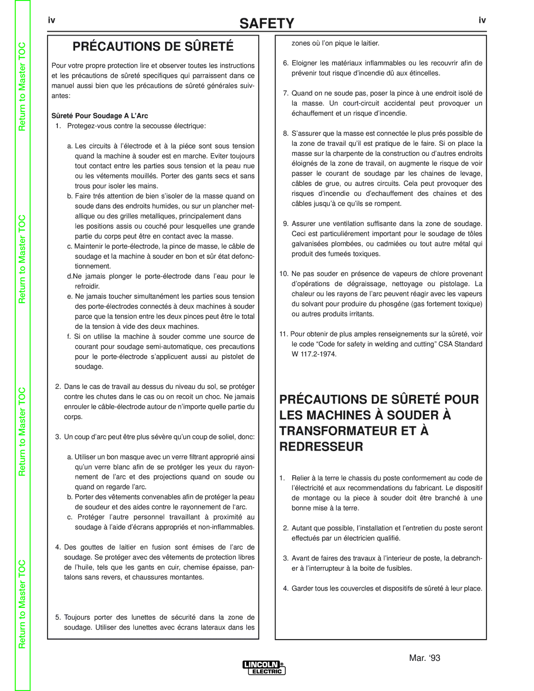 Lincoln Electric SVM170-A service manual Précautions DE Sûreté, Sûreté Pour Soudage a L’Arc 