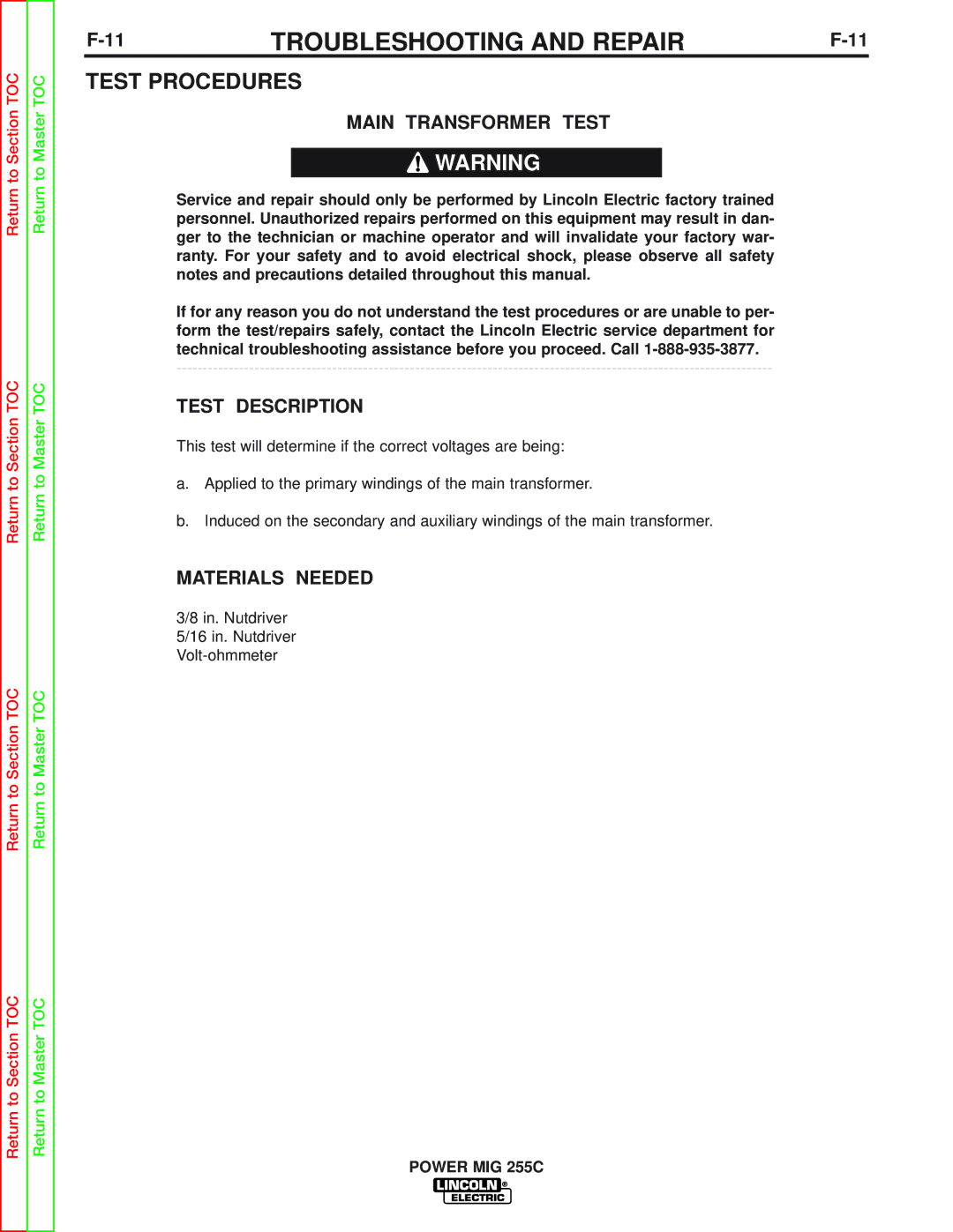 Lincoln Electric SVM170-A service manual Test Procedures, Main Transformer Test, Test Description, Materials Needed 