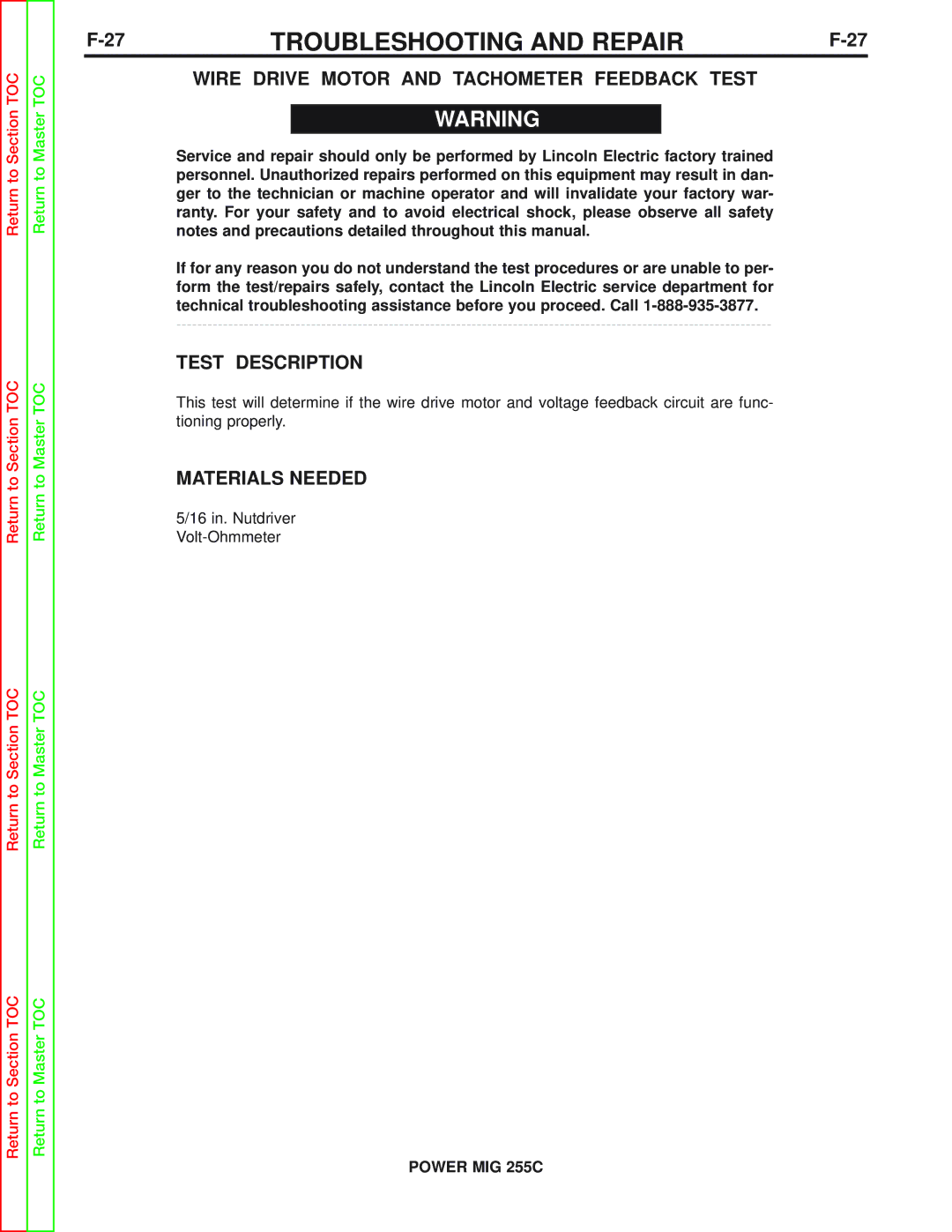 Lincoln Electric SVM170-A service manual Wire Drive Motor and Tachometer Feedback Test, Test Description 