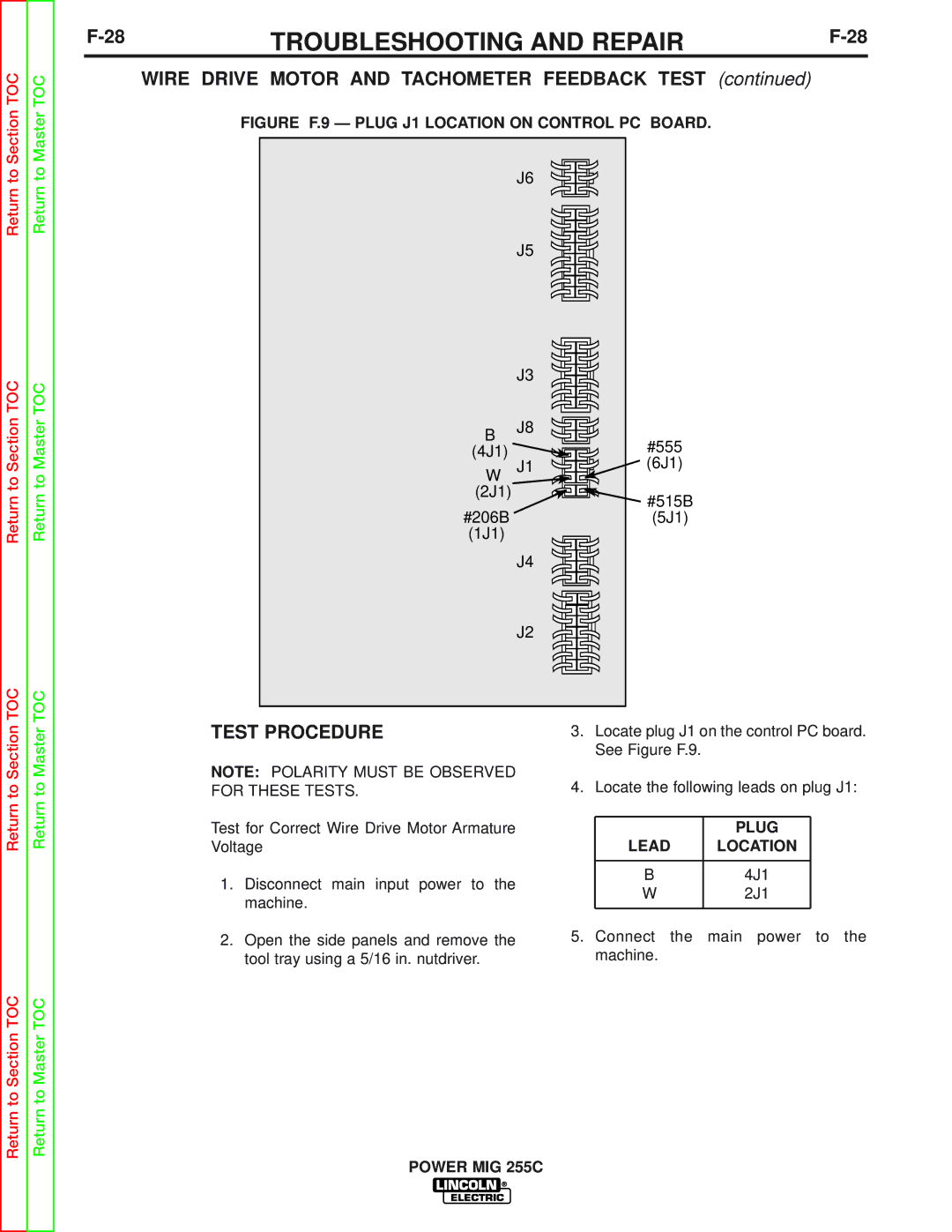 Lincoln Electric SVM170-A service manual Wire Drive Motor and Tachometer Feedback Test, 4J1 