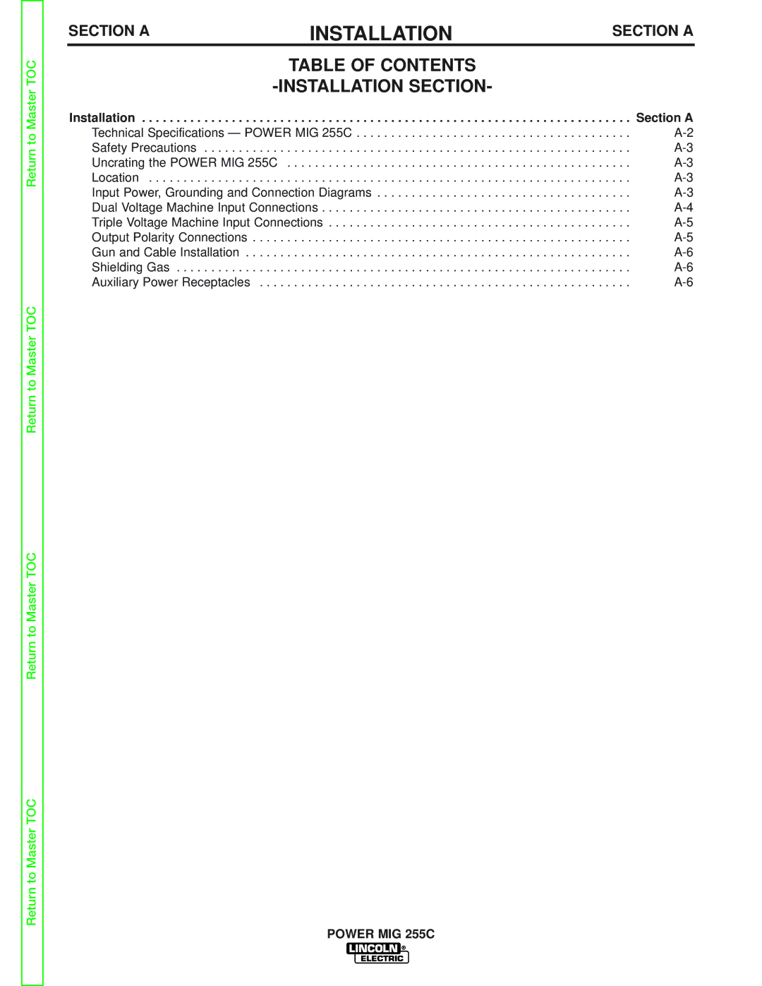 Lincoln Electric SVM170-A service manual Table of Contents Installation Section 