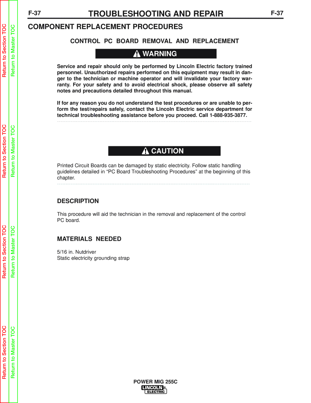 Lincoln Electric SVM170-A Component Replacement Procedures, Control PC Board Removal and Replacement, Description 