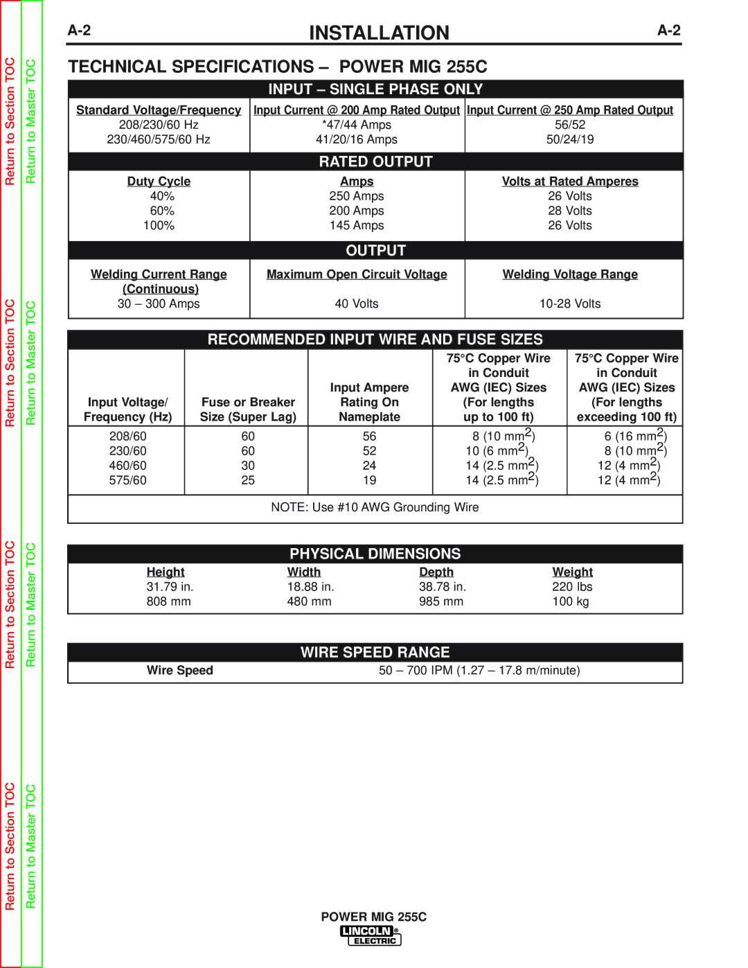 Lincoln Electric SVM170-A service manual Technical Specifications Power MIG 255C 