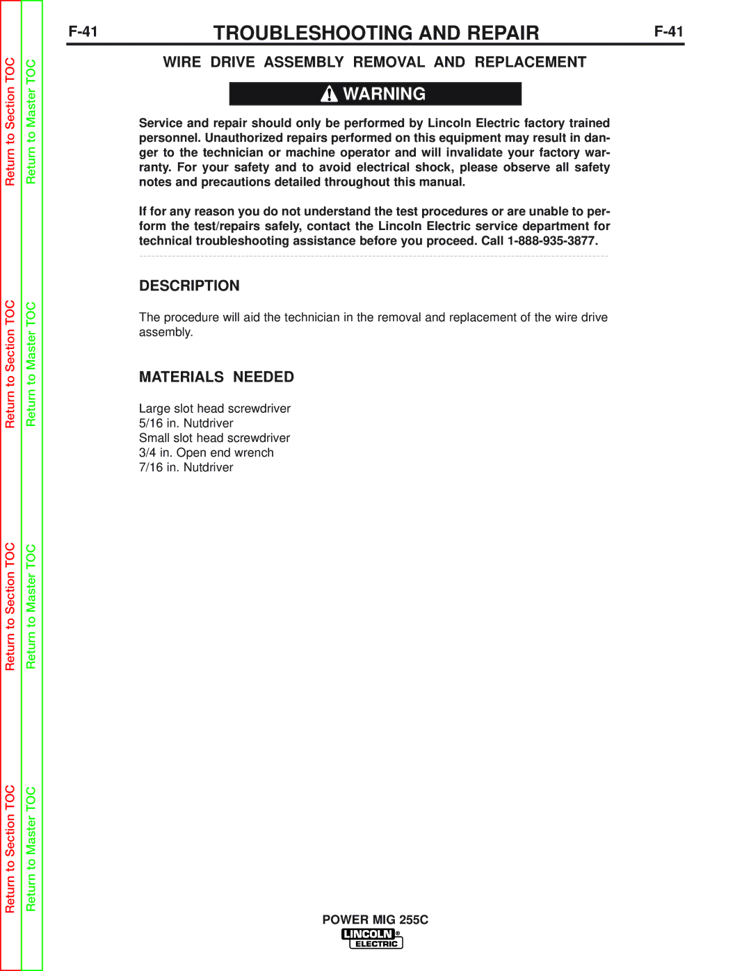 Lincoln Electric SVM170-A service manual Wire Drive Assembly Removal and Replacement, Description 