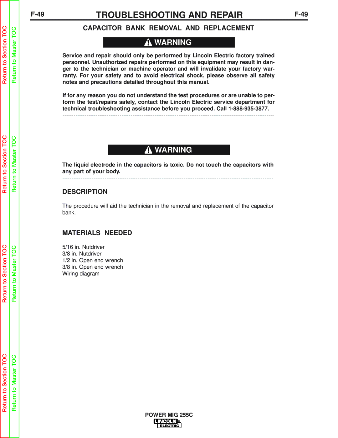 Lincoln Electric SVM170-A service manual Capacitor Bank Removal and Replacement, Description 