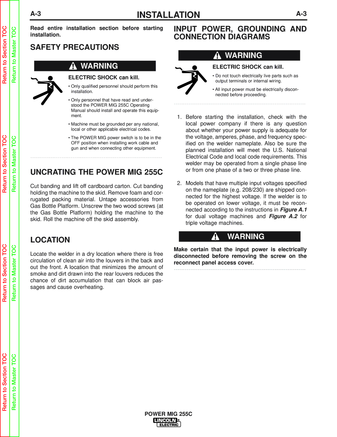 Lincoln Electric SVM170-A Safety Precautions, Uncrating the Power MIG 255C, Input POWER, Grounding and Connection Diagrams 