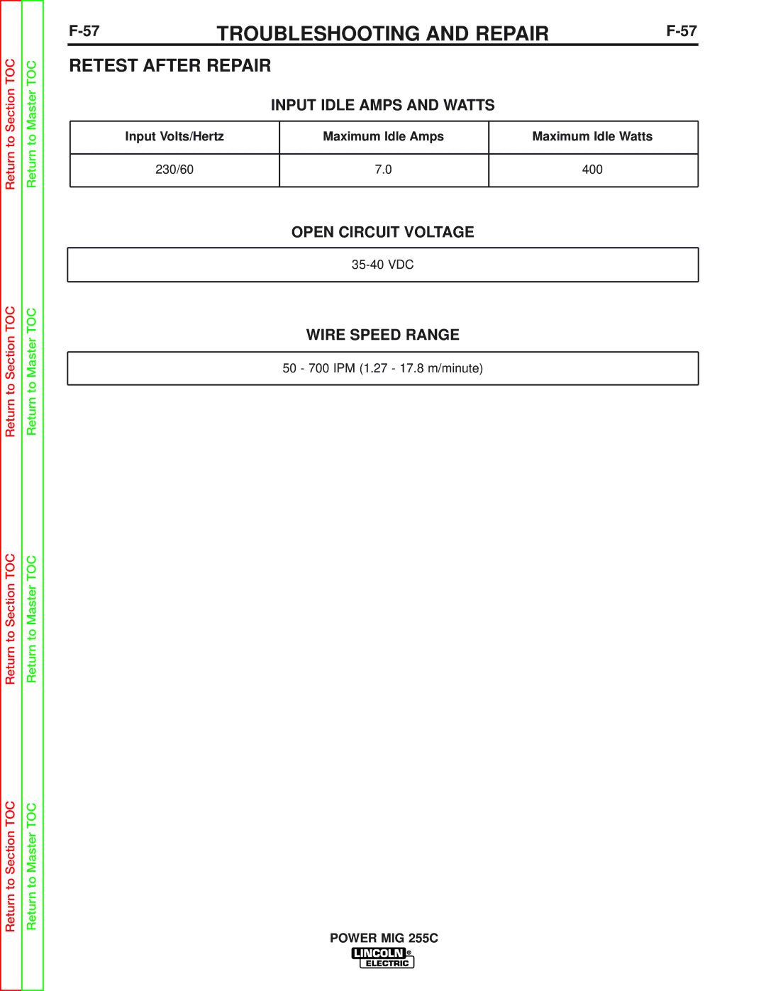 Lincoln Electric SVM170-A service manual Retest After Repair, Open Circuit Voltage, Wire Speed Range, Input Volts/Hertz 