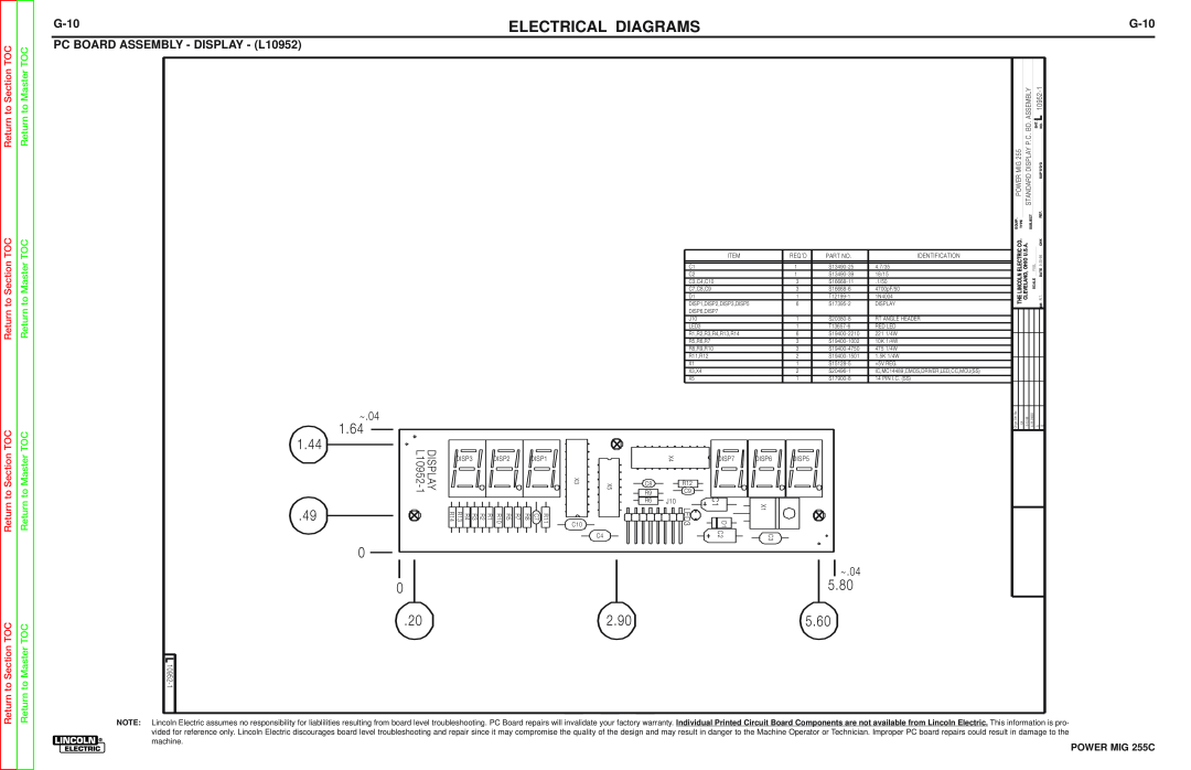 Lincoln Electric SVM170-A G-10, PC BOARD ASSEMBLY - DISPLAY - L10952, Electrical Diagrams, Return to Section TOC, 1.64 