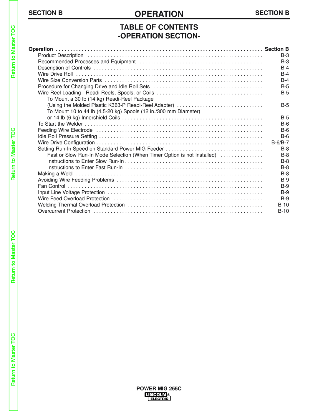 Lincoln Electric SVM170-A service manual Table Of Contents, Operation Section, Section B, Return to Master TOC 