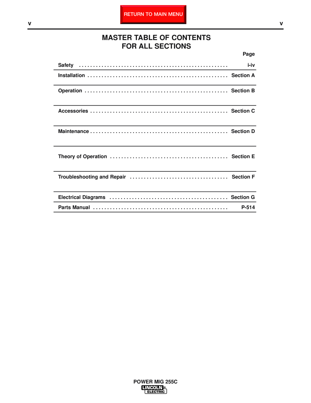 Lincoln Electric SVM170-A service manual Master Table Of Contents For All Sections, Return To Main Menu 