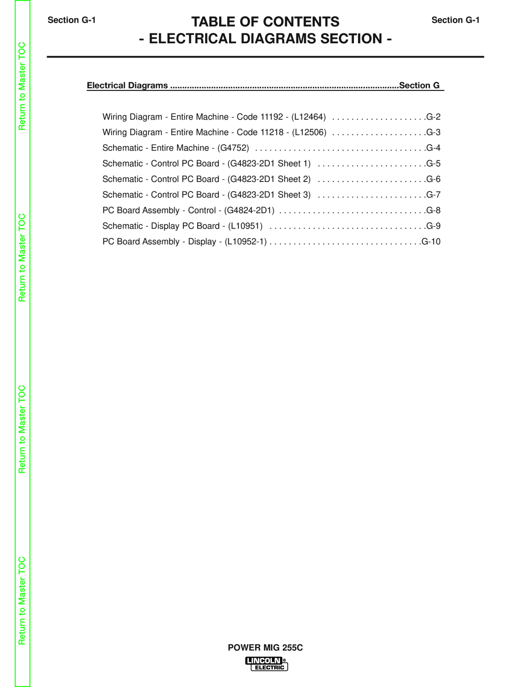 Lincoln Electric SVM170-A service manual Table Of Contents, Electrical Diagrams Section, Return to Master TOC, Section G 