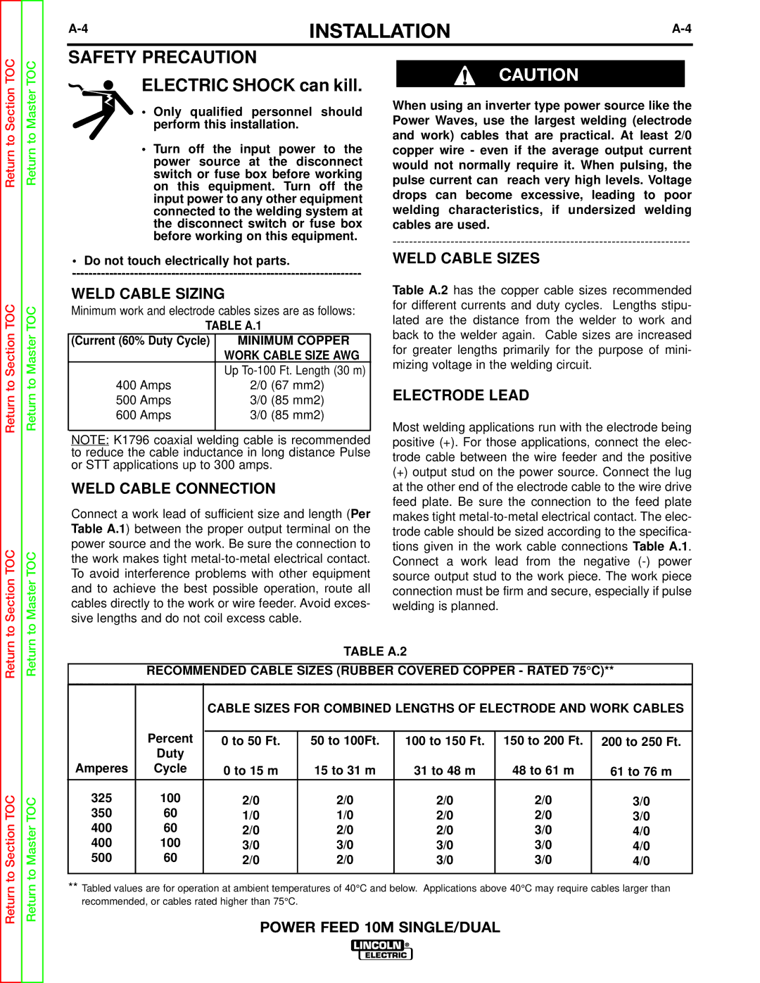 Lincoln Electric SVM172-A 4INSTALLATIONA-4, Weld Cable Sizing, Weld Cable Connection, Table A.1, Minimum Copper 