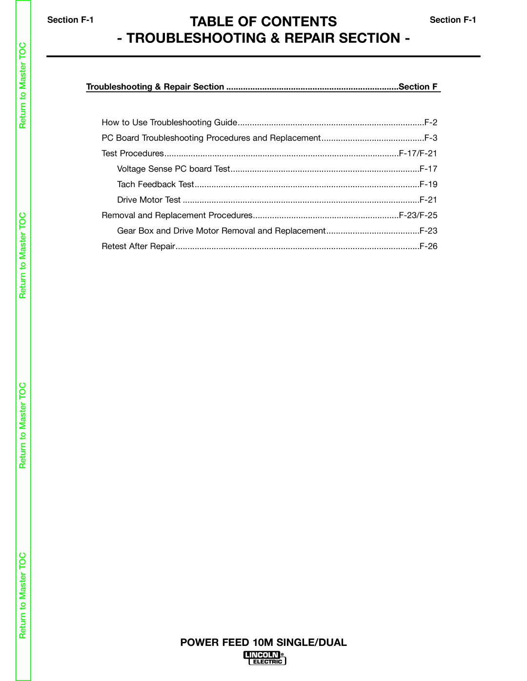 Lincoln Electric SVM172-A service manual Troubleshooting & Repair Section, Section F-1 