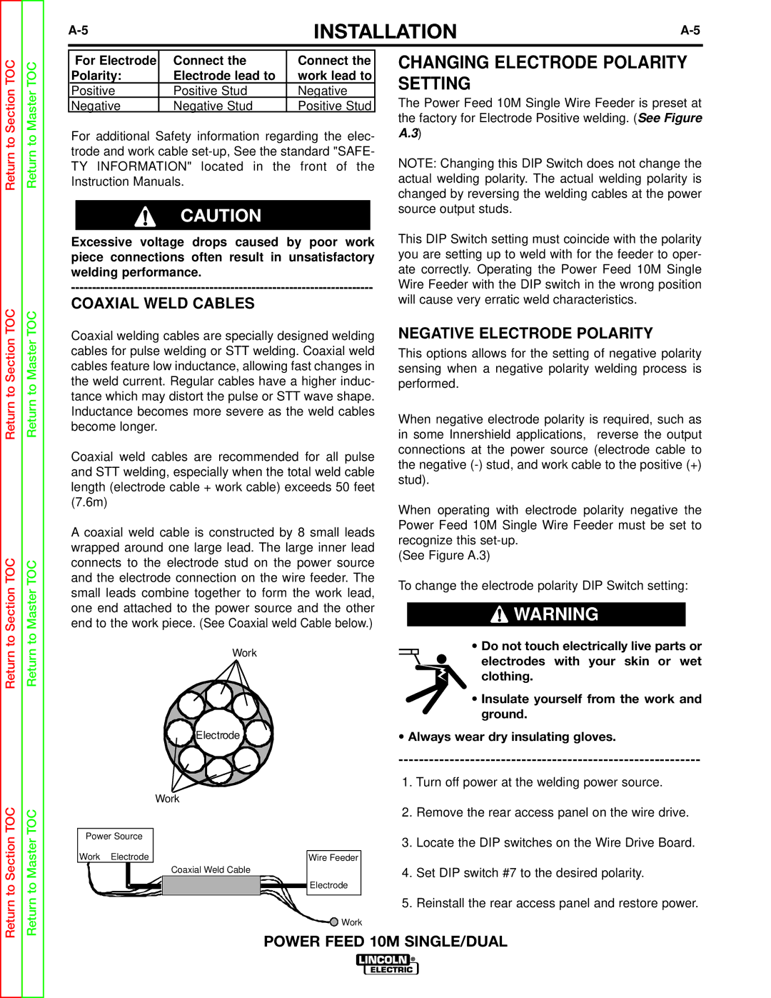 Lincoln Electric SVM172-A Changing Electrode Polarity Setting, Coaxial Weld Cables, Negative Electrode Polarity 