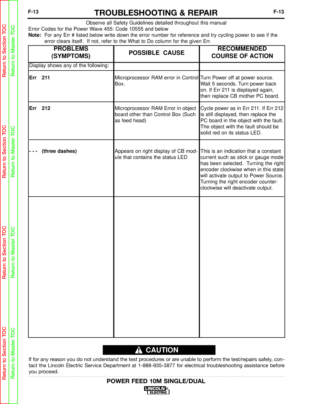 Lincoln Electric SVM172-A service manual Err 211, Err 212, Three dashes 