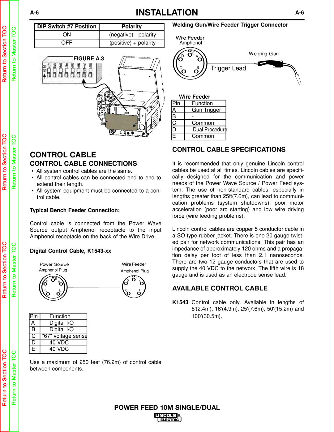 Lincoln Electric SVM172-A service manual Control Cable Specifications, Control Cable Connections, Off 