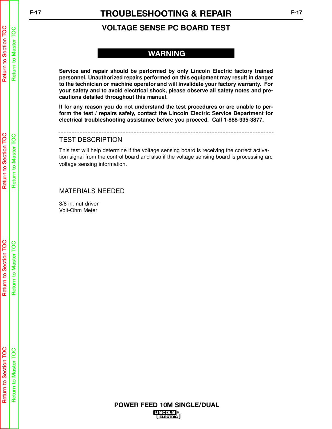 Lincoln Electric SVM172-A service manual Voltage Sense PC Board Test, Test Description 