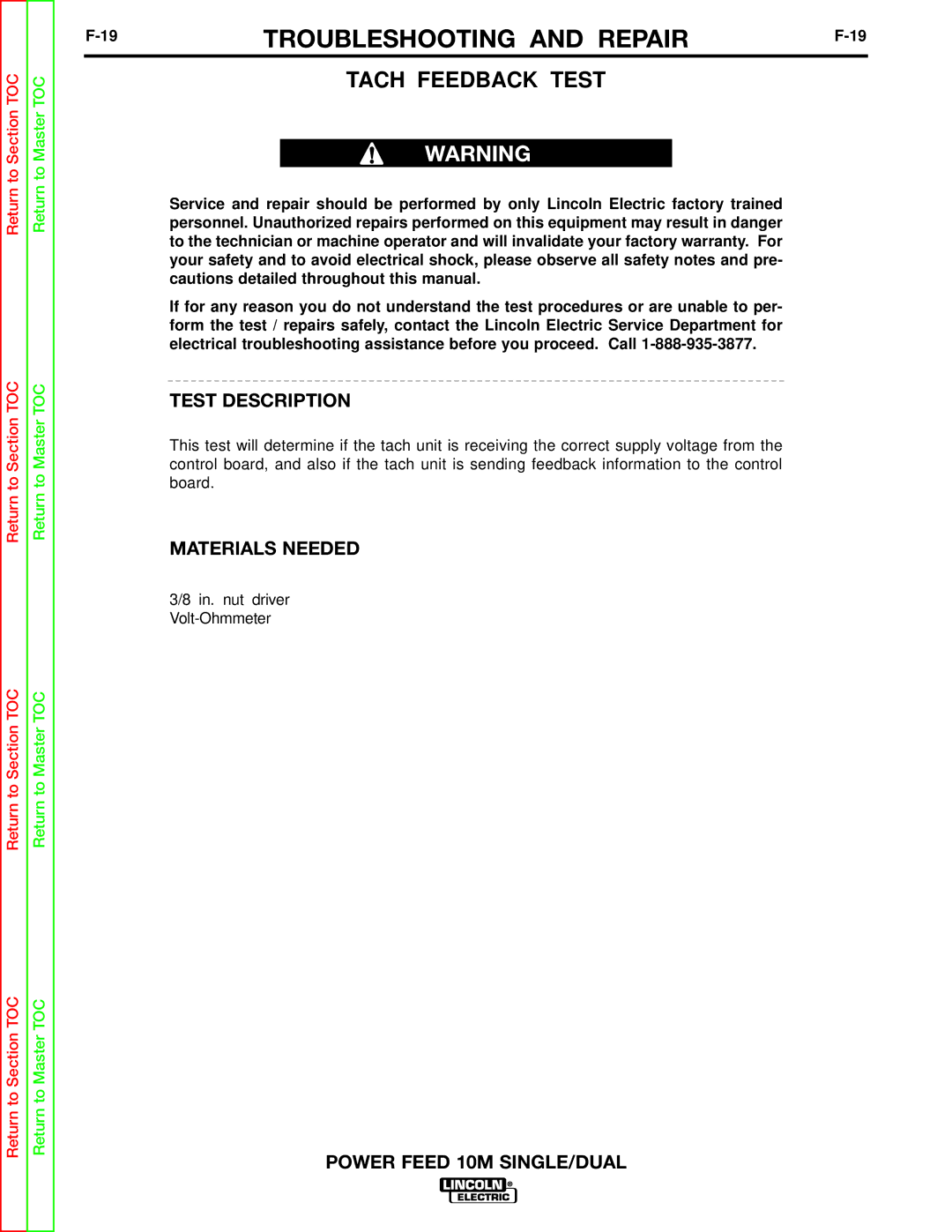 Lincoln Electric SVM172-A service manual Troubleshooting and Repair, Tach Feedback Test 