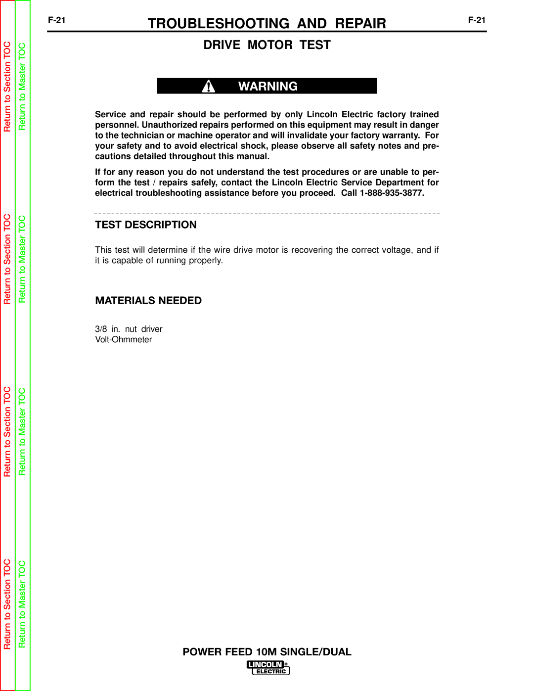 Lincoln Electric SVM172-A service manual Drive Motor Test 