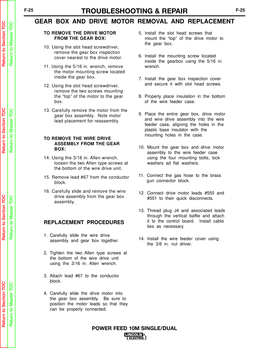 Lincoln Electric SVM172-A service manual Replacement Procedures, To Remove the Drive Motor From the Gear BOX 