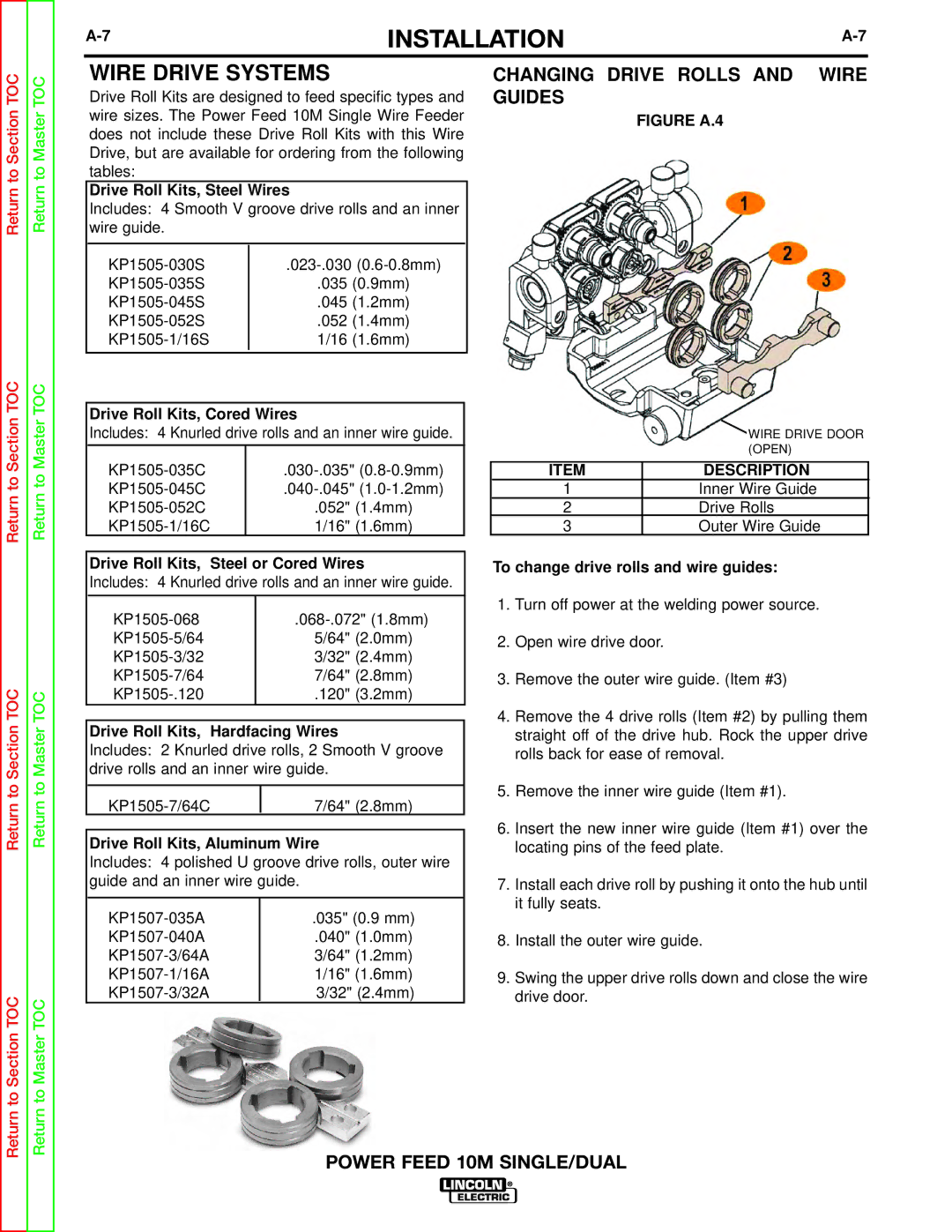 Lincoln Electric SVM172-A service manual Wire Drive Systems, Changing Drive Rolls Wire, Guides, Description 