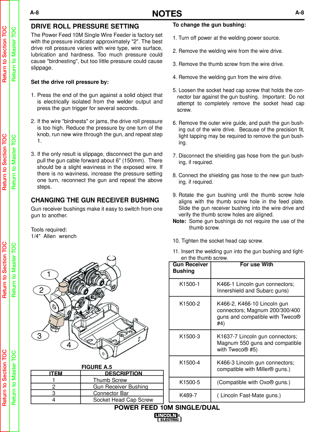 Lincoln Electric SVM172-A Drive Roll Pressure Setting, Changing the GUN Receiver Bushing, To change the gun bushing 