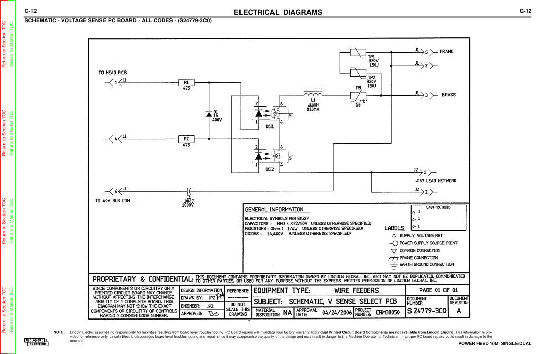 Lincoln Electric SVM172-A service manual Schematic Voltage Sense PC Board ALL Codes S24779-3C0 