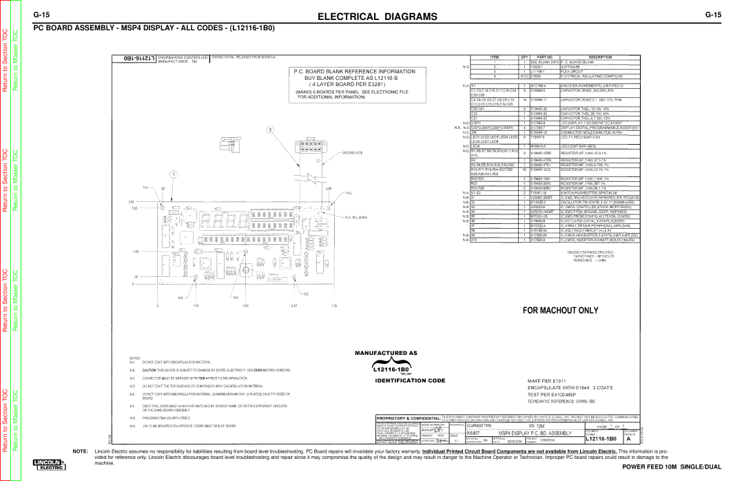 Lincoln Electric SVM172-A service manual PC Board Assembly MSP4 Display ALL Codes L12116-1B0 