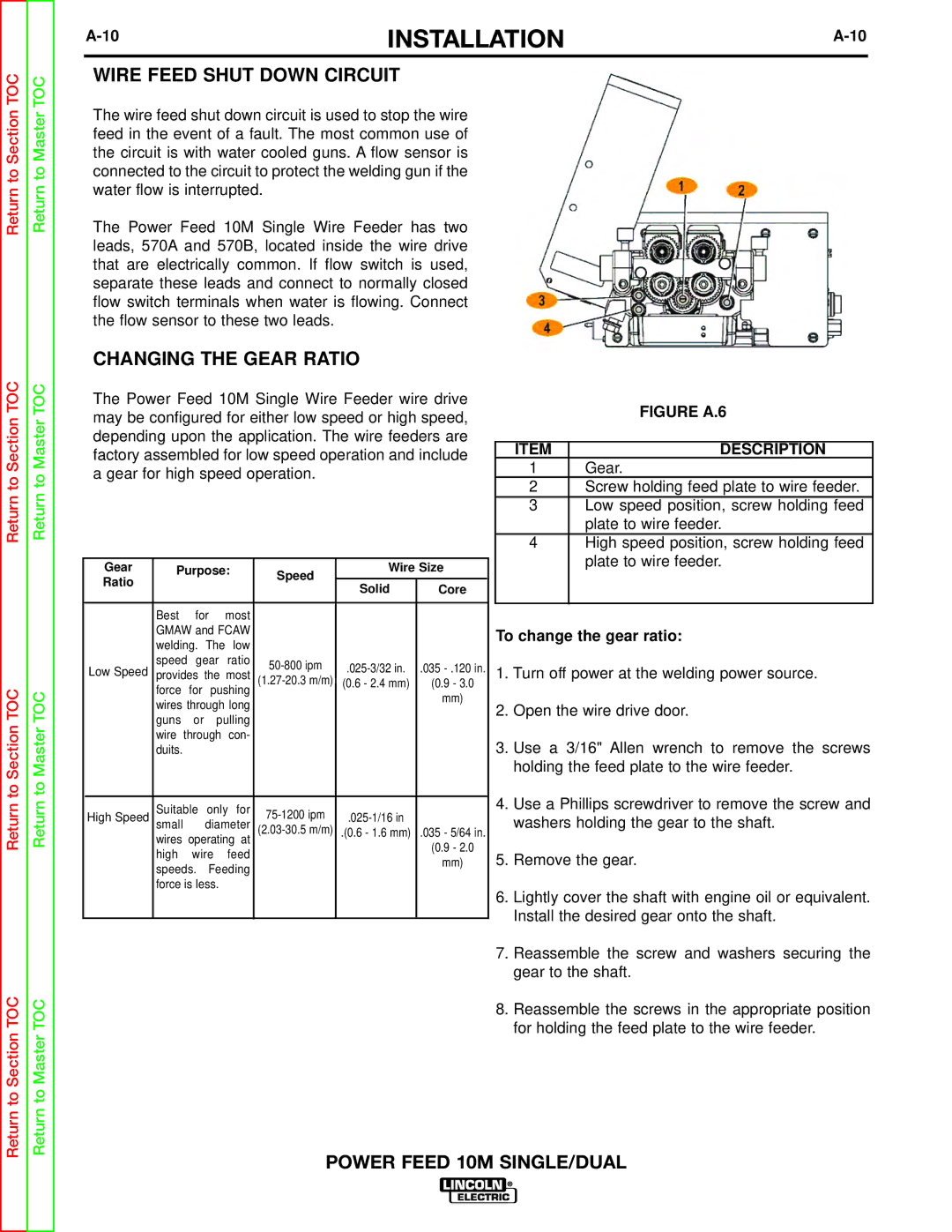 Lincoln Electric SVM172-A service manual Wire Feed Shut Down Circuit, Changing the Gear Ratio, To change the gear ratio 