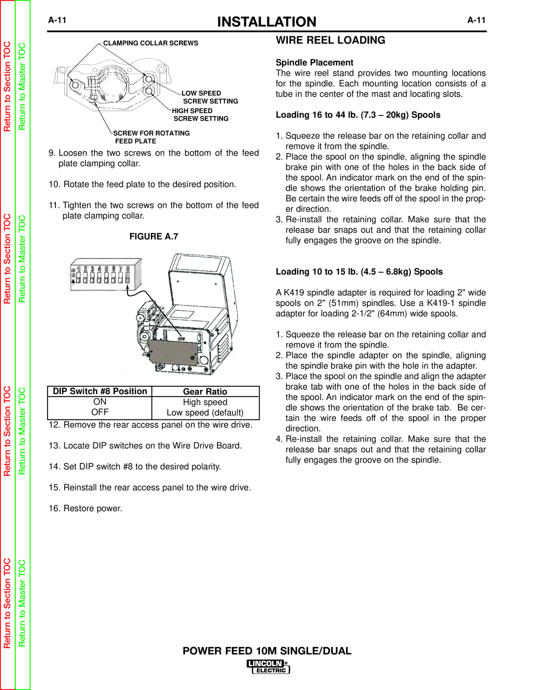 Lincoln Electric SVM172-A service manual Wire Reel Loading, Spindle Placement, DIP Switch #8 Position Gear Ratio 