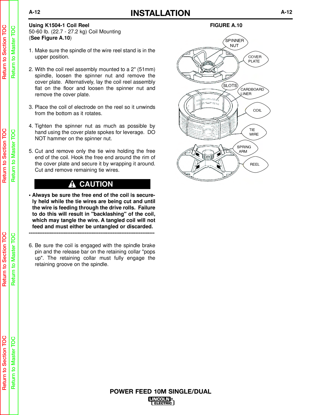 Lincoln Electric SVM172-A service manual Using K1504-1 Coil Reel, 50-60 lb .7 27.2 kg Coil Mounting See Figure A.10 