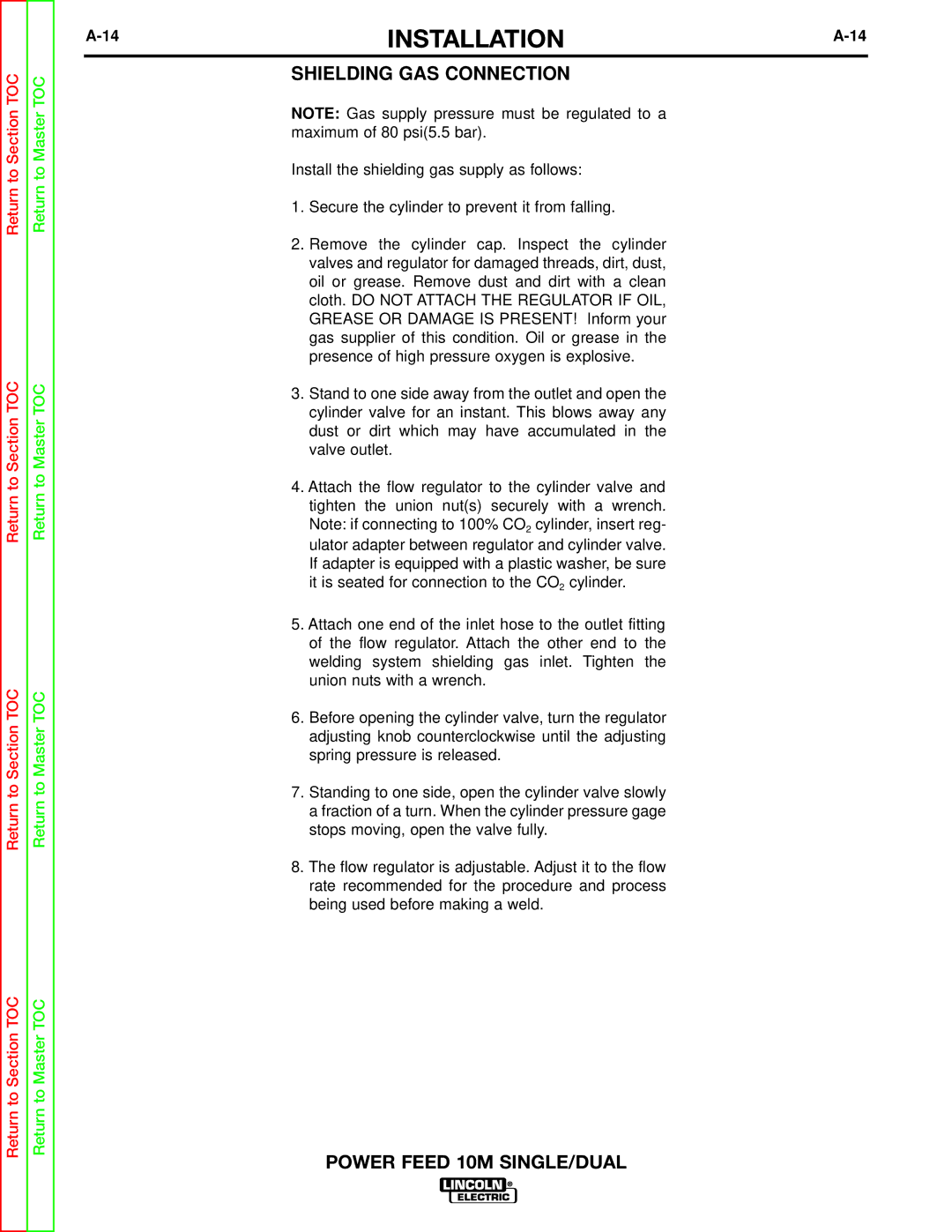 Lincoln Electric SVM172-A service manual INSTALLATIONA-14, Shielding GAS Connection 