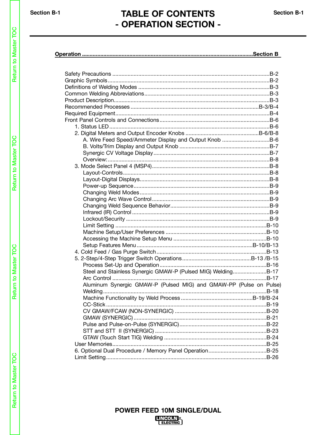 Lincoln Electric SVM172-A service manual Operation Section, Section B-1 