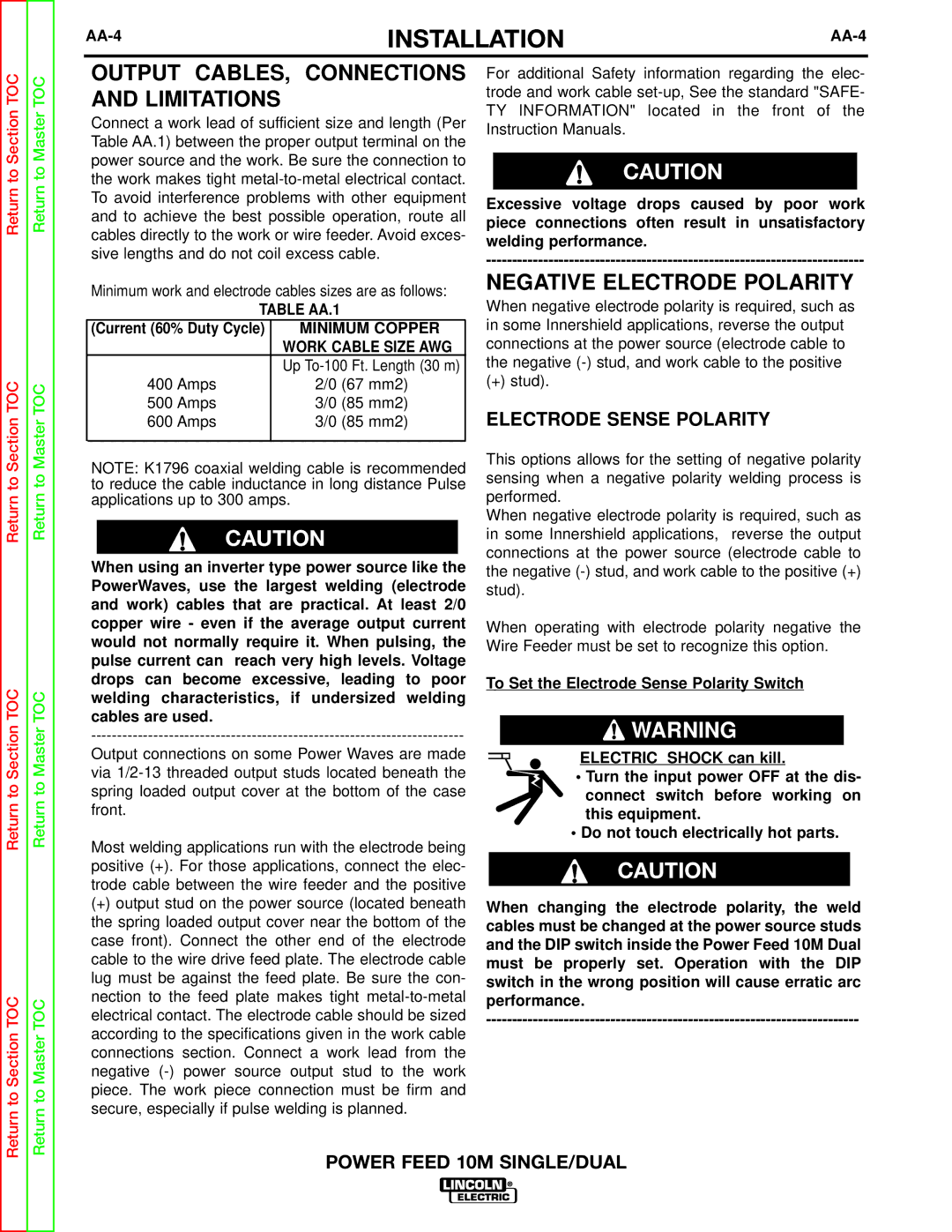 Lincoln Electric SVM172-A Output CABLES, Connections and Limitations, Electrode Sense Polarity, AA-4, Table AA.1 