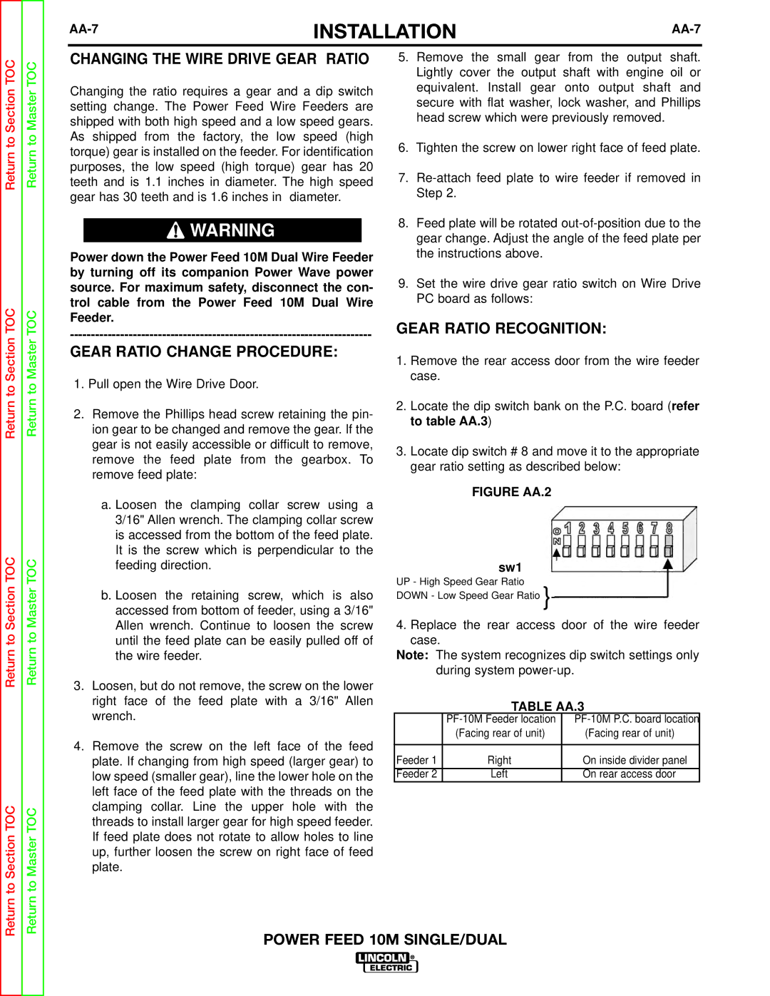 Lincoln Electric SVM172-A Changing the Wire Drive Gear Ratio, Gear Ratio Change Procedure, Gear Ratio Recognition 