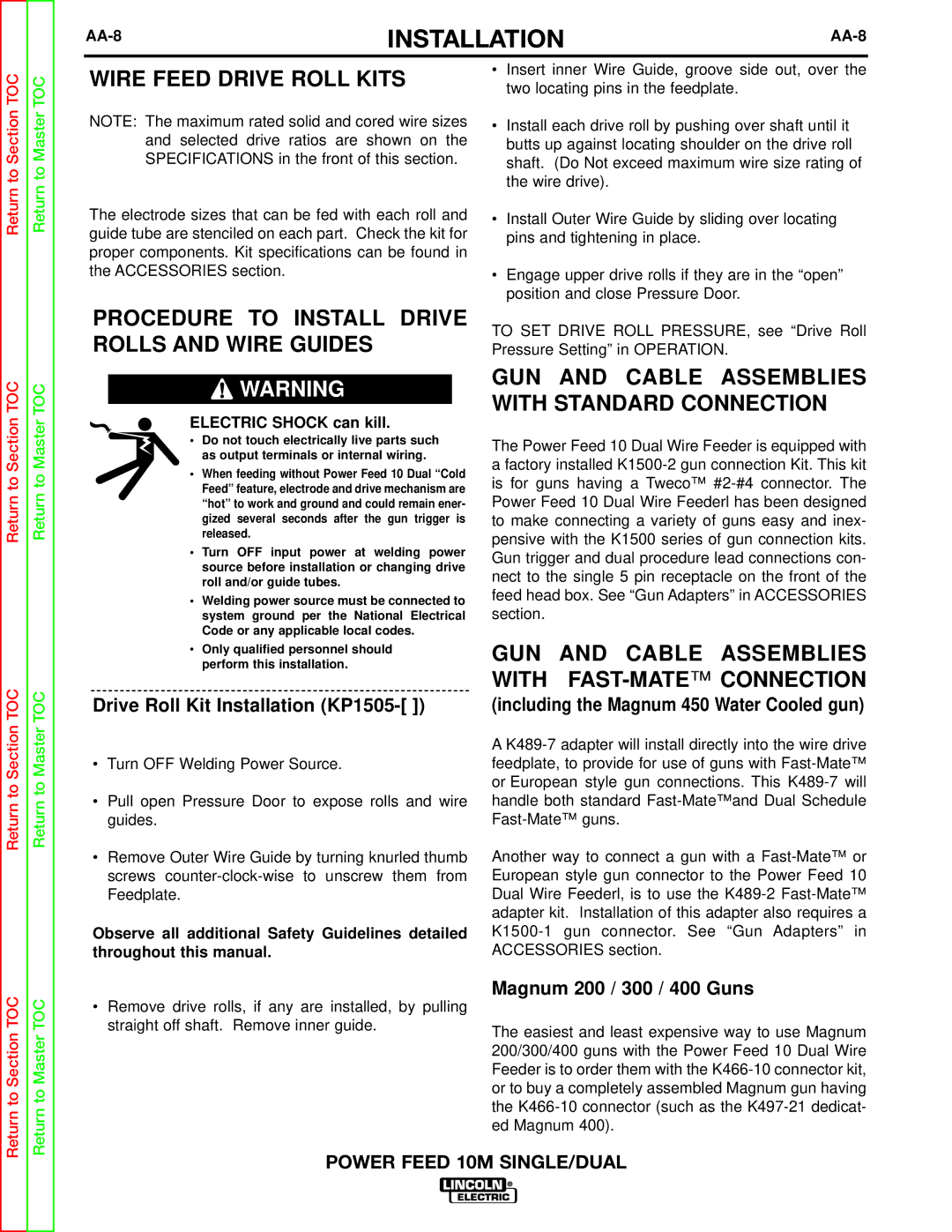 Lincoln Electric SVM172-A service manual Wire Feed Drive Roll Kits, Procedure to Install Drive Rolls and Wire Guides, AA-8 